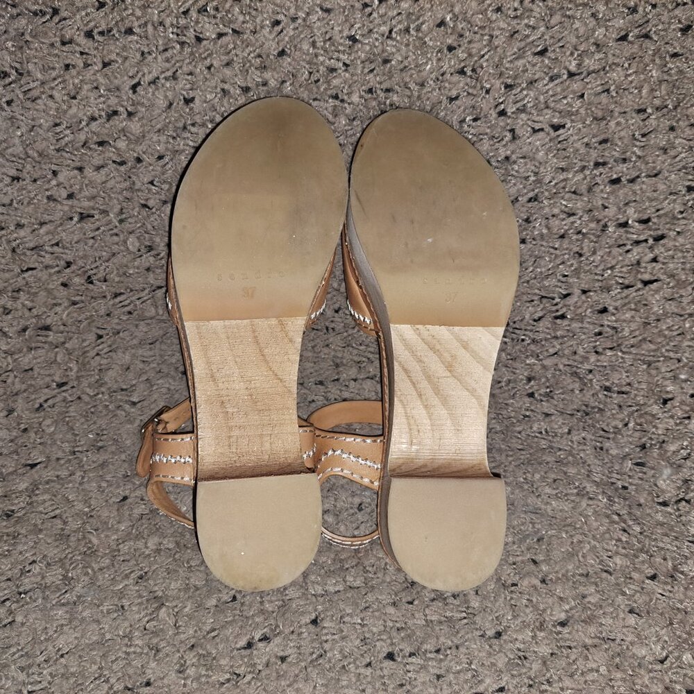 SANDRO-Audrey-Tan Leather-Contrast Stitch-Ankle Strap-Wood Heel-Sz 37/6.5-NM - Picture 8 of 9